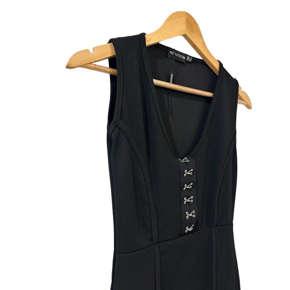 Pretty Little Thing Dress Shape Black Crepe Eyelet Detail Midi Size 2 Women PLT - Picture 6 of 11